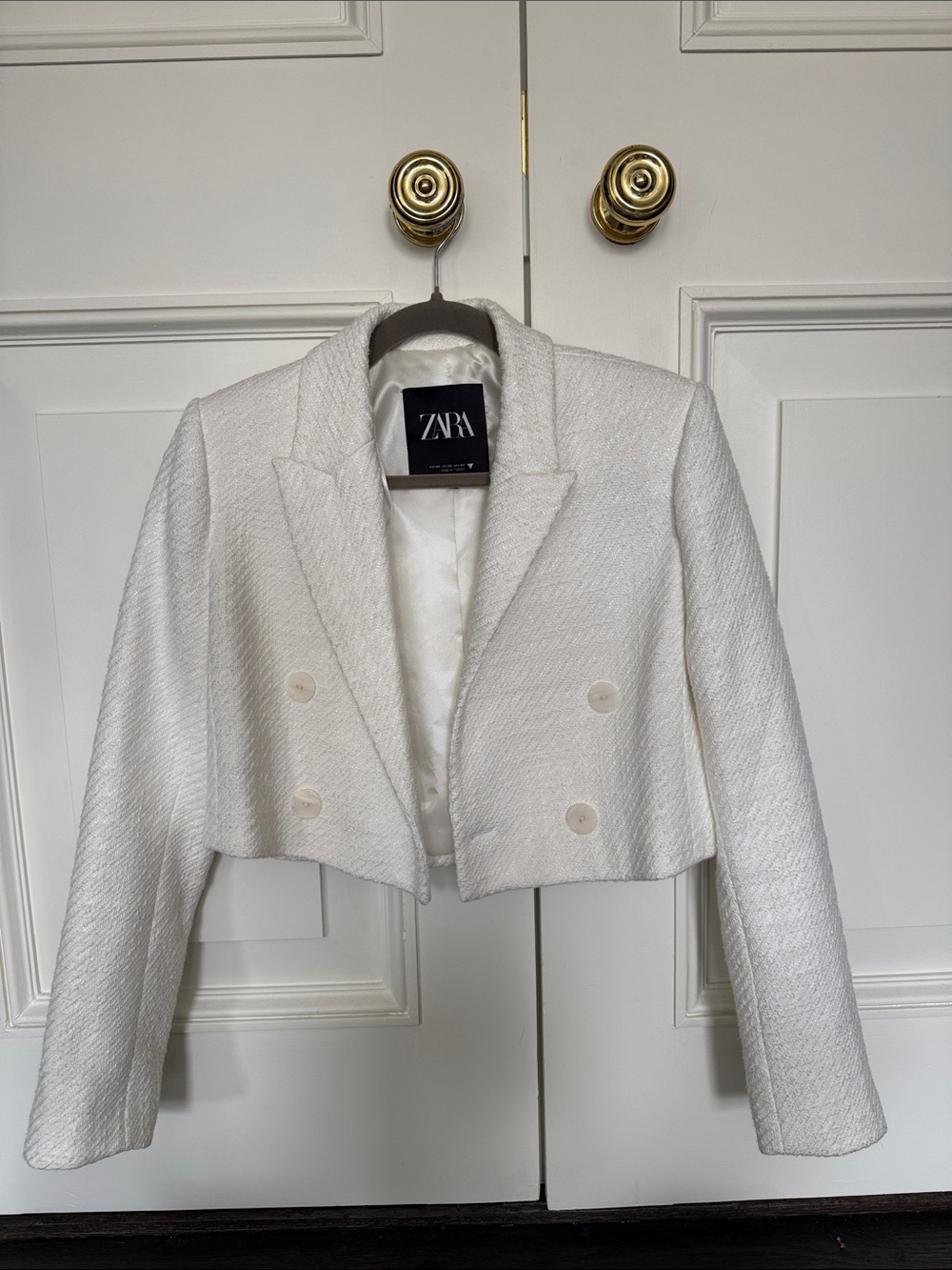 ZARA White Cropped Double-Breasted Blazer